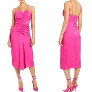 REBECCA VALLANCE Bright Pink Satin Ruched Midi‎ Dress NWT 10
